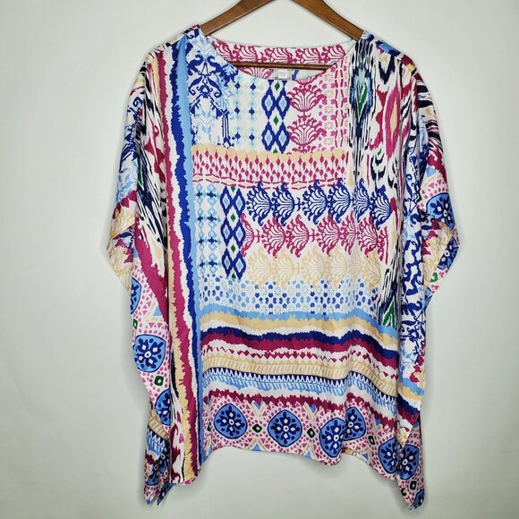 Chicos Womens Colorful Abstract Poncho Blouse Size S/M Flowy Aztec Beach Boho - Picture 1 of 6